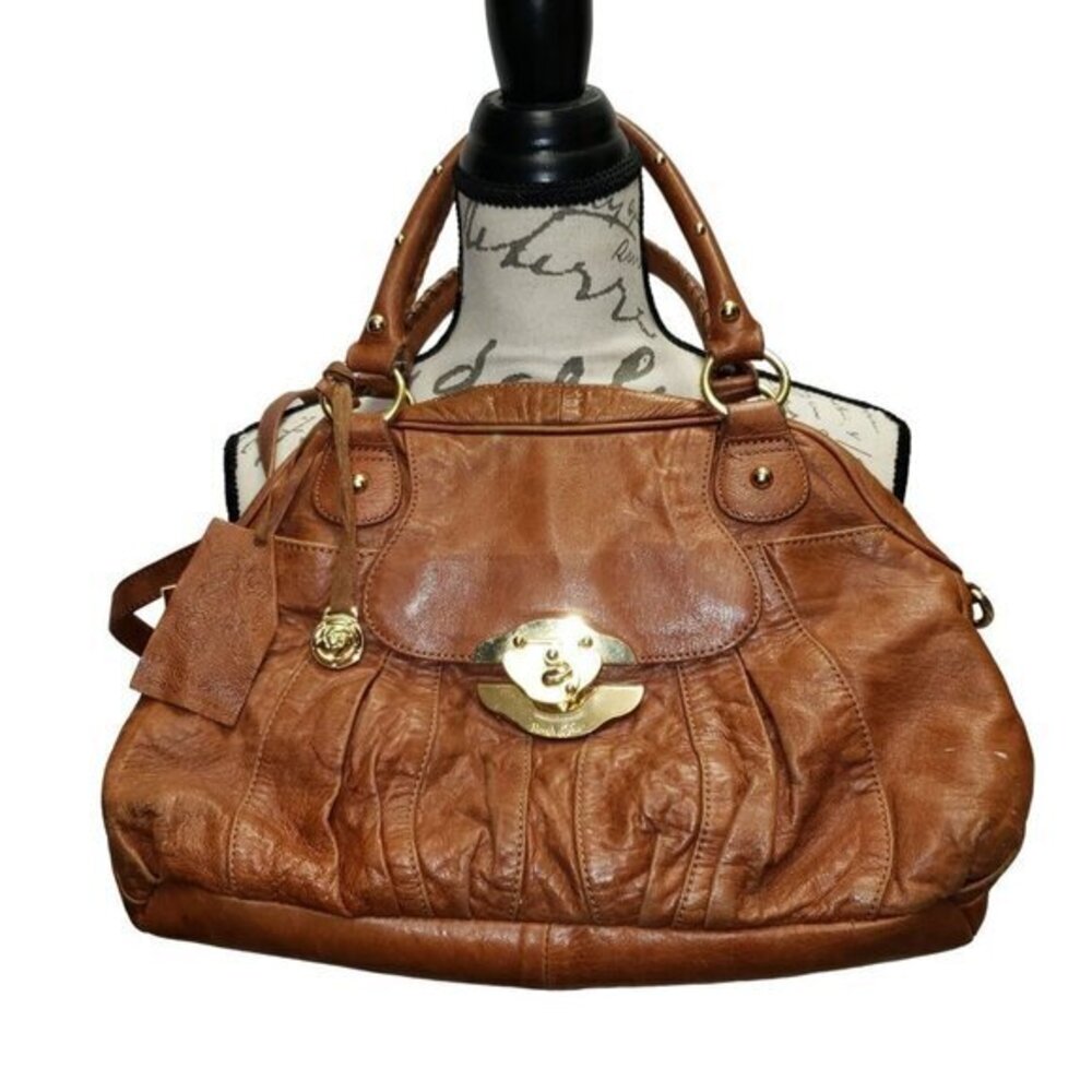 Rough Roses Leather Womens Handbag‎ Purse Brown  Pre-Owned